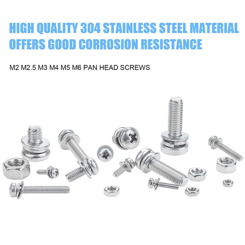 DYWISHKEY 480 PCS M2 M2.5 M3 M4 M5 M6, 304 Stainless Steel Phillips Pan Head Screws Combine with Spring Washer and Flat Washers Nuts Assortment Kit - Image 2